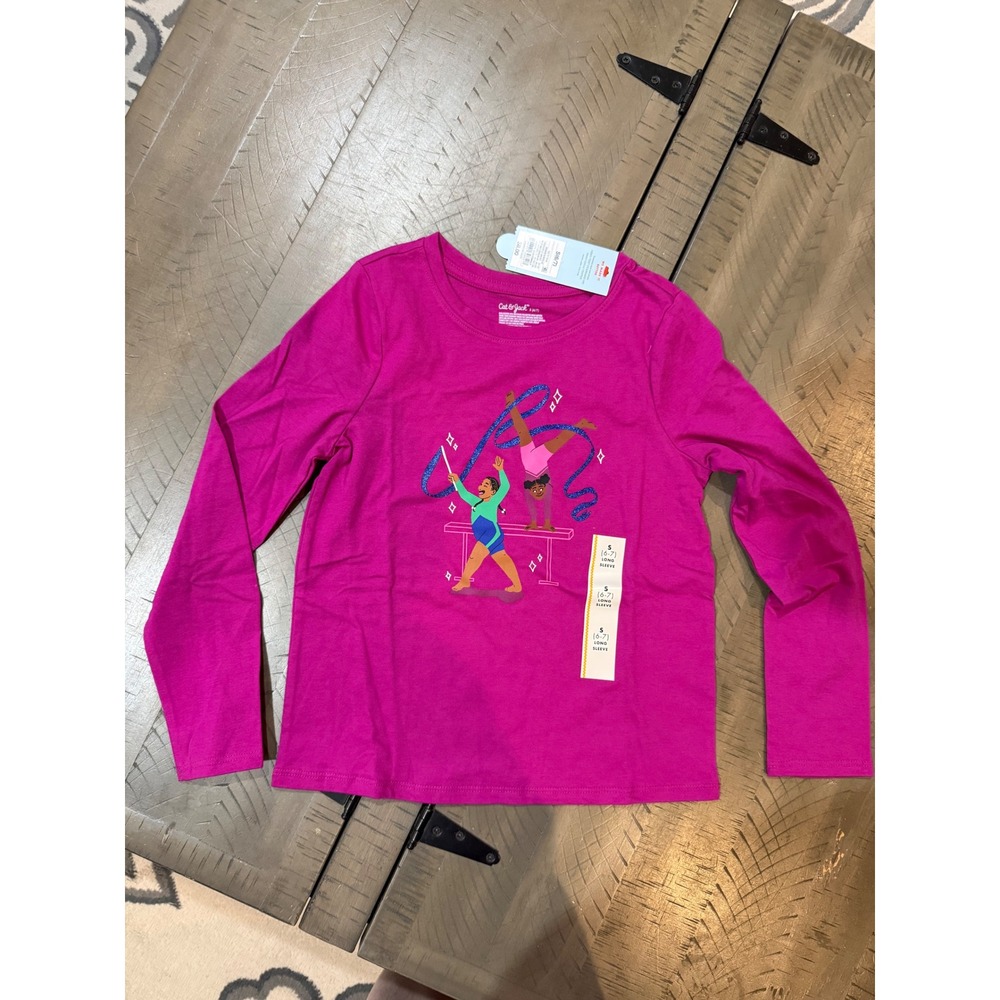 Cat & Jack Magenta Pink Gymnastics Graphic Long Sleeve Tee‎ Shirt Size S 6/7